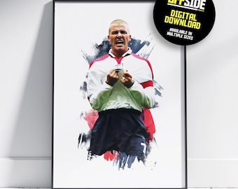 May include: Framed print featuring a stylized image of a soccer player in a white and red jersey, celebrating with clenched fists. The artwork has a watercolor effect with red, black, and blue brushstrokes. The print includes the text "OFFSIDE" and "DIGITAL DOWNLOAD".