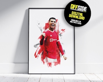 May include: A digital download of a watercolor illustration of a soccer player in a red jersey with a white and black abstract background. The player is celebrating a goal with his arms raised in the air. The image includes the text "TeamViewer".