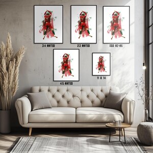 May include: A digital illustration of a soccer player in a red and green jersey, celebrating a goal. The image is available in various sizes and aspect ratios, including 3:4, 2:3, ISO A2-A5, 11 x 14, and 4:5.