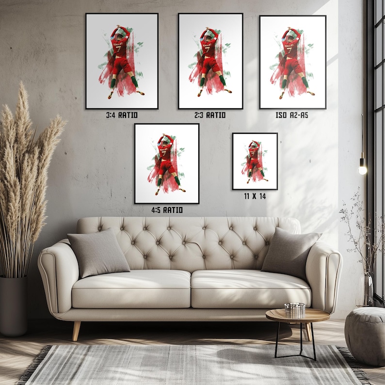May include: A digital illustration of a soccer player in a red and green jersey, celebrating a goal. The image is available in various sizes and aspect ratios, including 3:4, 2:3, ISO A2-A5, 11 x 14, and 4:5.