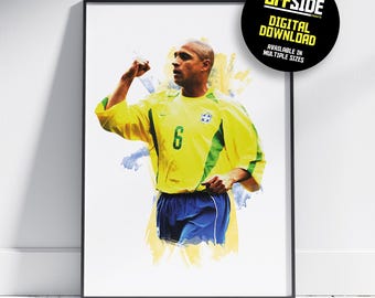 May include: Framed print featuring a soccer player in a yellow jersey with the number 6 and blue shorts, celebrating a goal. The print has a white background with yellow and blue paint strokes. A black circle with the text "OFFSIDE DIGITAL DOWNLOAD" is in the upper right corner.