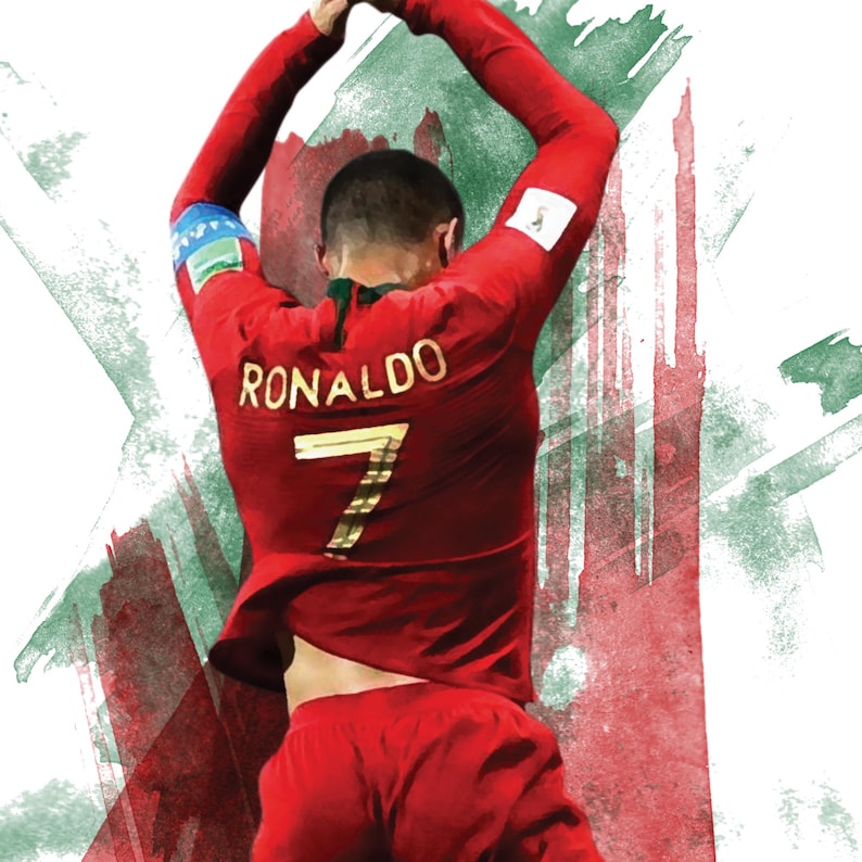 May include: A watercolor illustration of a soccer player wearing a red jersey with the name "RONALDO" and the number "7" on the back. The player is raising their arms in the air, celebrating a goal.