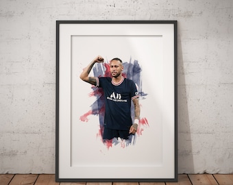 May include: A watercolor-style illustration of a soccer player in a blue jersey with white accents. The jersey has the text "ACRONYM FIVE LIMITS FSS" on the front. The player is raising his right arm in the air.