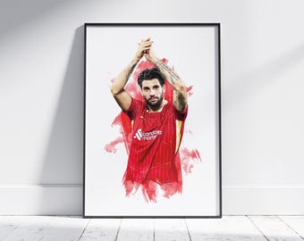 May include: A watercolor-style illustration of a soccer player in a red and white jersey with the text "Standard Chartered" on the front. The player is raising his hands in the air, as if celebrating a goal.