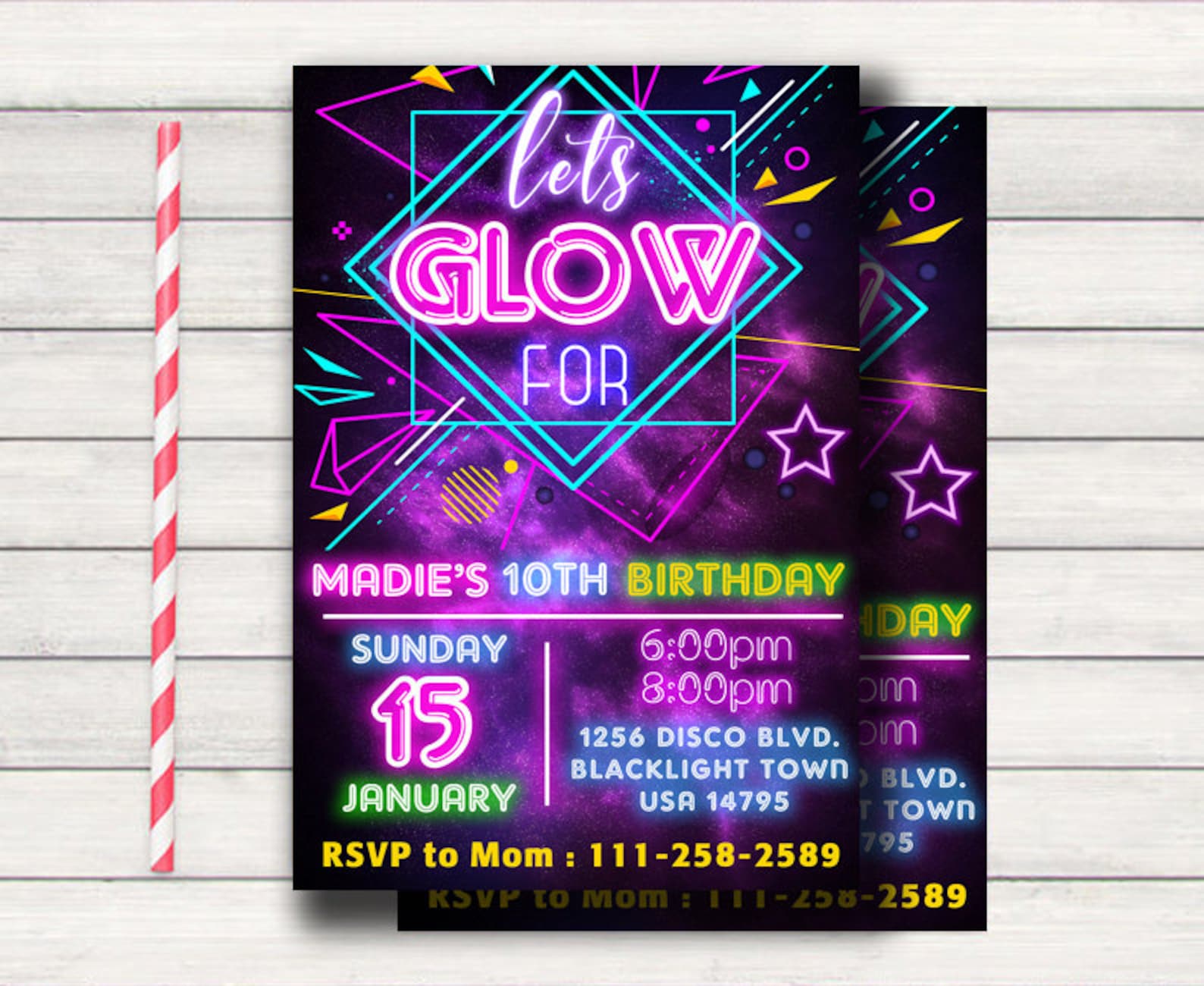 Glow Party Invitation Neon Glow in the Dark Party Neon Glow Etsy