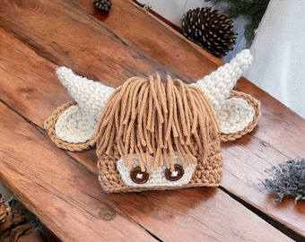 Highland Cow Crocheted Hat WITHOUT TASSELS / Scottish Cow Hat / Handmade Novelty Cow Hat / Baby Photo shoot / Farm animal Hat / Yak Hat