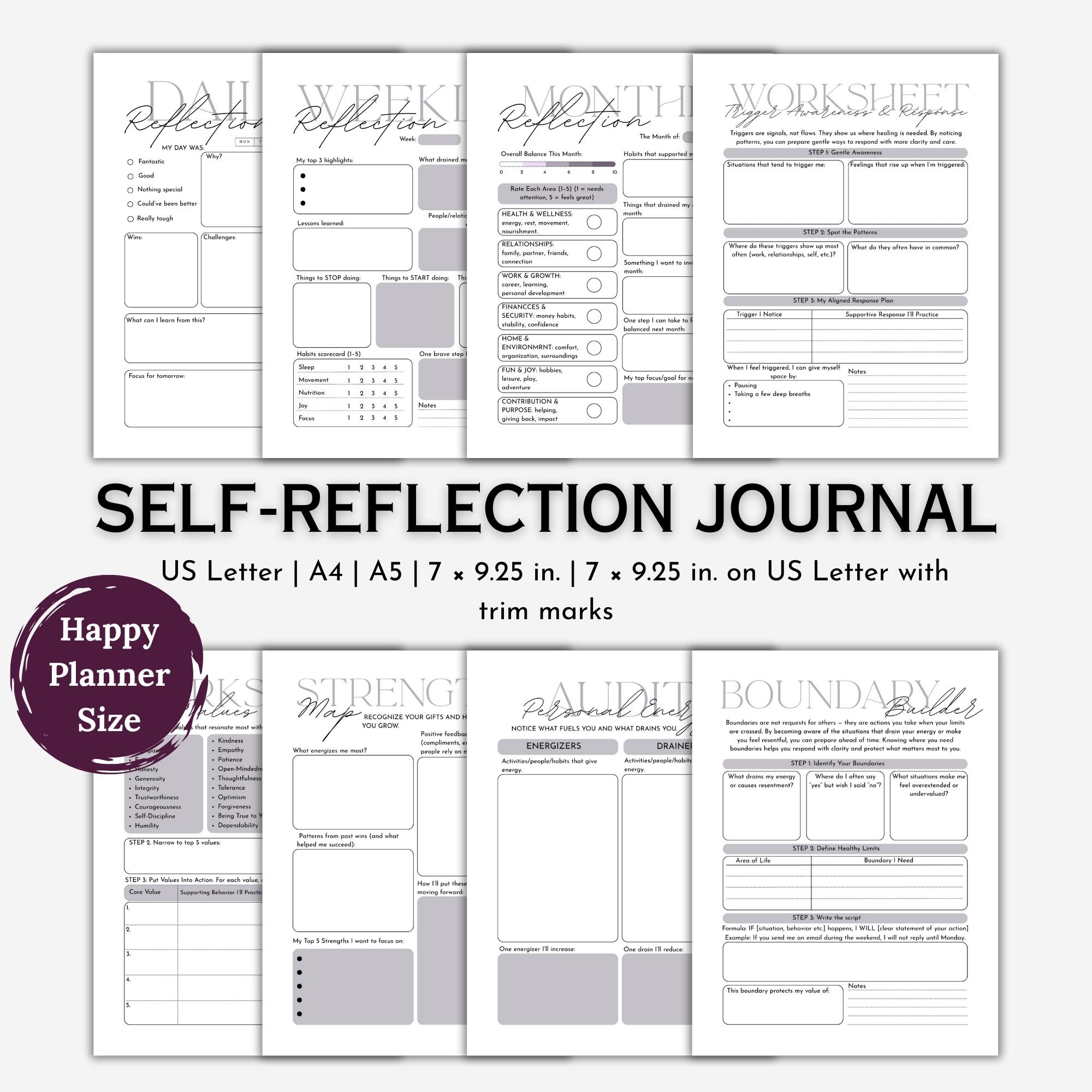 Printable Self-Reflection Journal: Daily, Weekly & Monthly Reflection Worksheets + Self-Discovery Pack PDF