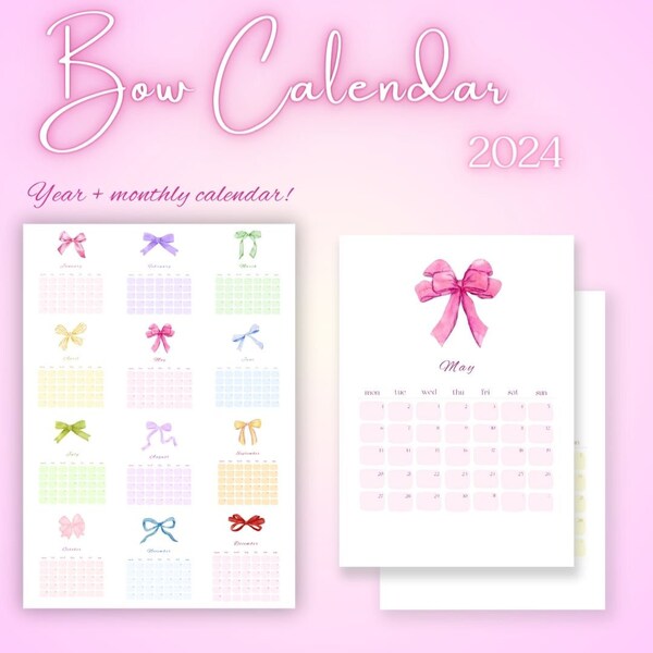 Bows & Charm: Coquette 2024 digital bow calendar printable