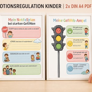 Może przedstawiać: Dwa oprawione plakaty edukacyjne zatytułowane EMOTIONSREGULATION KINDER. Lewy plakat, Mein Notfallplan bei starken Gefühlen, zawiera cztery kolorowe sekcje z ilustracjami i tekstem. Prawy plakat, Meine Gefühls-Ampel, przedstawia grafikę sygnalizacji świetlnej z odpowiadającymi jej stanami emocjonalnymi i pytaniami w języku niemieckim.