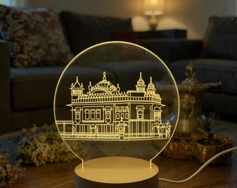 Lámpara del Templo Dorado / Sikh / Ek Onkaar / Base de madera / Decoración religiosa para el hogar /