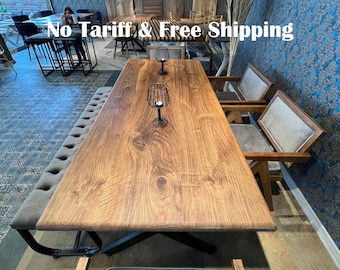 Straight Edge Walnut Dining Table: Solid Wood Farmhouse Kitchen Table