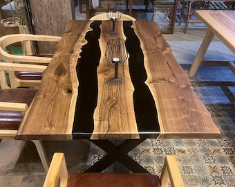 Custom Walnut Epoxy Dining Table, Live Edge Solid Wood Desk, Handmade Special Table