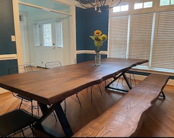 Live Edge Dining Table With Bench,  Rustic Farmhouse Style