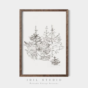 May include: A black and white line drawing of a group of pine trees in a forest setting. The drawing is framed in a brown wood frame.