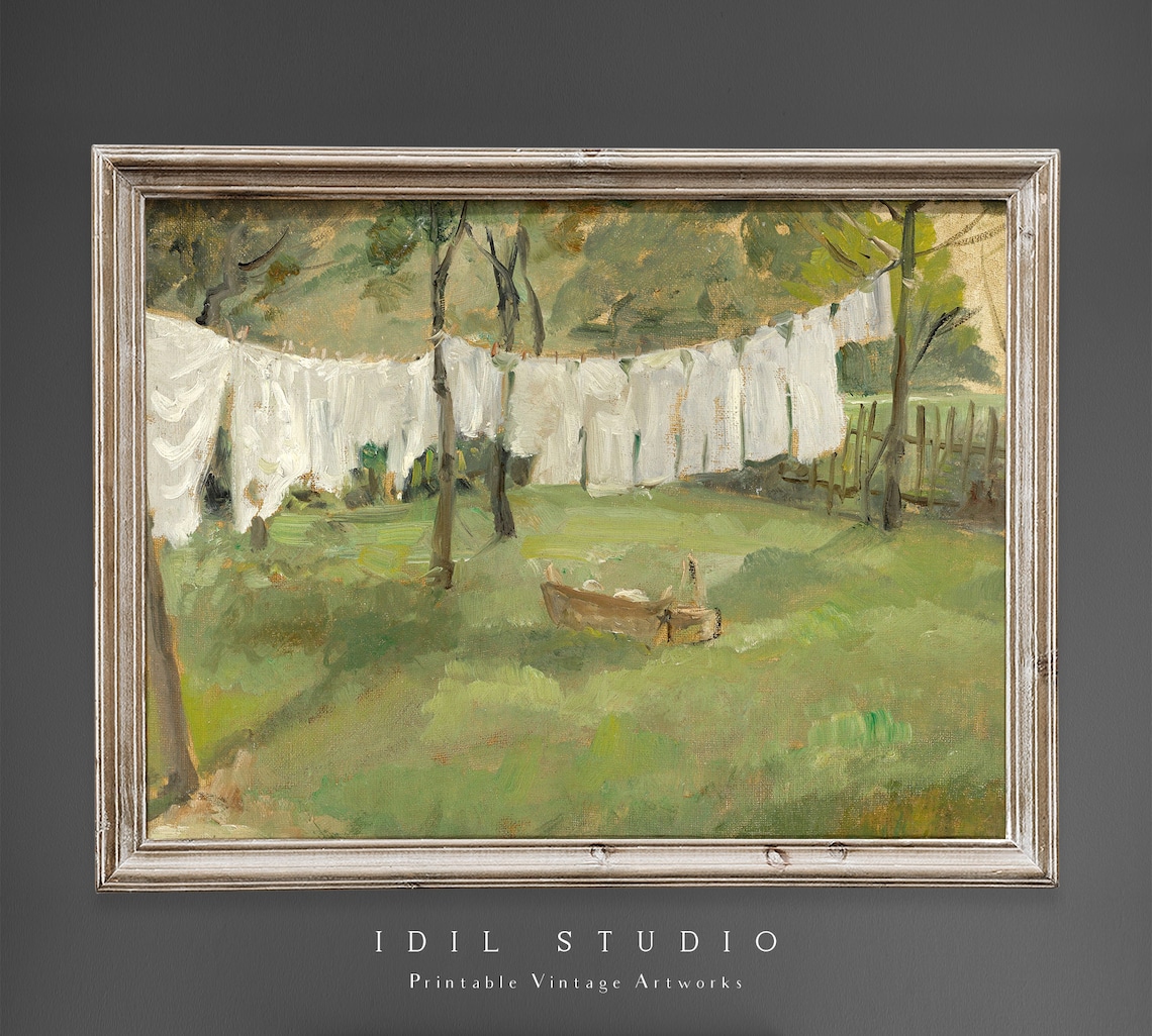 Laundry Room Vintage Oil Painting | Rustic Laundry Line Wall Art ...