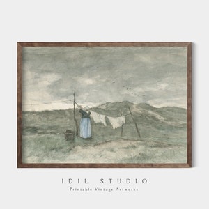 May include: A watercolour painting depicting a woman hanging laundry on a clothesline in a field. The sky is cloudy and there are birds flying overhead. The woman is wearing a blue dress and a white apron. The field is green and there is a bucket in the foreground.