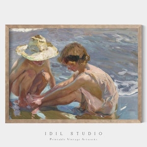 Arte della parete rustica per la camera dei bambini / Arredamento vintage dell&#39;asilo nido / Stampa dei fratelli / Scena di gioco sulla spiaggia estiva / Arte della parete della camera dei bambini costiera STAMPABILE / 327