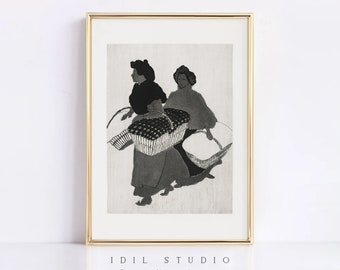Decoración elegante para lavadero / Arte de pared vintage para lavadero / Dibujo rústico de lavandera en blanco y negro para imprimir / 331