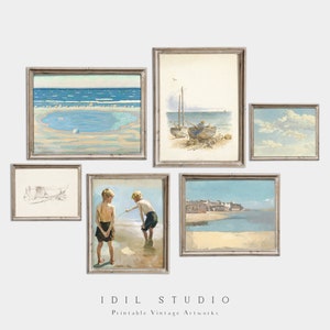 Set Galleria Camera Vintage per Ragazzi / 2 Stampe Estive dei Fratelli / Arredamento Rustico per Sala Giochi / Scena di Gioco in Spiaggia / Arte della Parete della Camera dei Bambini Costiera STAMPABILE