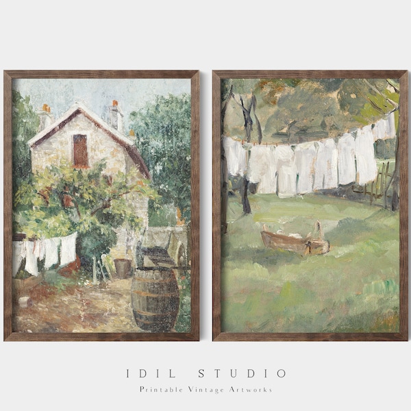Vintage Laundry Print Set of Two | Rustic Laundry Room Oil Painting | Farmhouse Decor Wall Art PRINTABLE