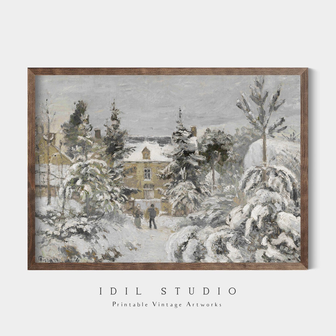 Muted Snowy Village Painting | Vintage Winter Landscape Wall Art ...
