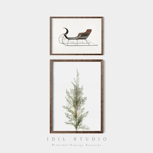 Antique Winter Print Set of Two | Vintage Sleigh Rustic Pine Tree Christmas Wall Art PRINTABLE