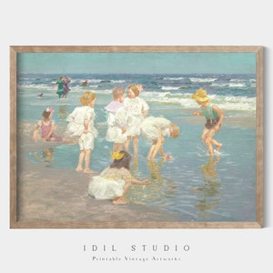 Arte de pared vintage para habitación de niños / Niños jugando / Pintura al óleo rústica / Escena de día de playa de verano / Paisaje marino IMPRIMIBLE / 220