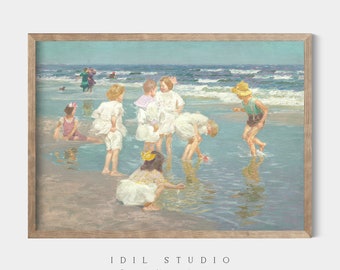 Vintage Kids Room Wall Art | Children Playing Rustic Oil Painting | Summer Beach Day Scene Seascape PRINTABLE | 220