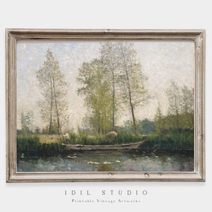 Rustikales Frühling Ölgemälde | Vintage See Kunst | Boot auf einem See Wand Kunst DRUCKBAR | 161