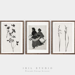 Vintage Laundry Print Set of Three | Antique Laundry Room Wall Art | Rustic Black and White Laundress Drawing PRINTABLE
