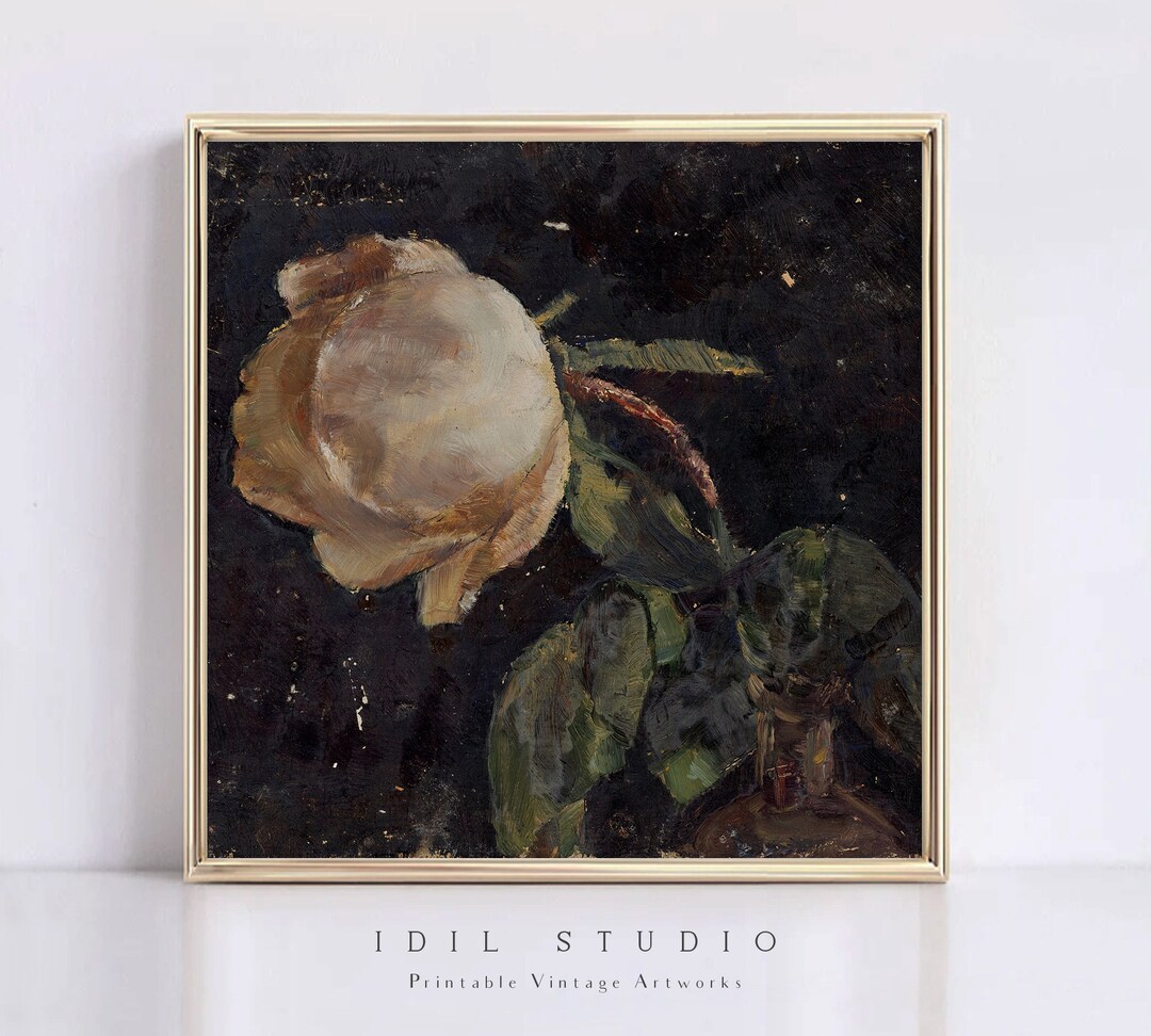 Single Rose Moody Painting | Vintage Floral Still Life | Dark ...