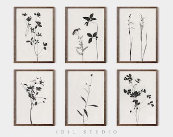 Minimalist Botanical Print Set of 6 | Vintage Black and White Flower Drawing | Rustic Floral Wall Art PRINTABLE