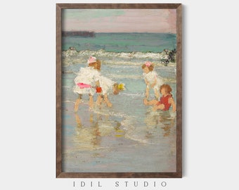 Vintage Girls Room Decor | Sisters Summer Print | Rustic Playroom Wall Art | Beach Play Scene | Coastal Kids Room Wall Art PRINTABLE | 367