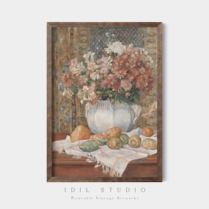 Rustic Farmhouse Still Life | Pastel Flowers and Fruits Oil Painting | Vintage Wall Art PRINTABLE | 167