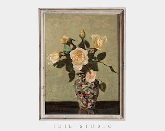 Neutral Still Life Vintage Painting | Roses in Murano Vase | Rustic Flowers Wall Art PRINTABLE | 218