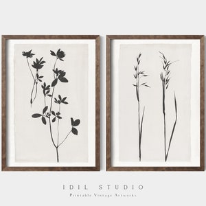 Minimalistischer botanischer Druck 2er-Set | Vintage Schwarz-Weiß-Pflanzenzeichnung | Rustikale Blumen Wand Kunst DRUCKBAR