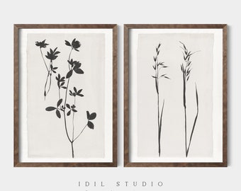 Minimalist Botanical Print Set of 2 | Vintage Black and White Plant Drawing | Rustic Flowers Wall Art PRINTABLE