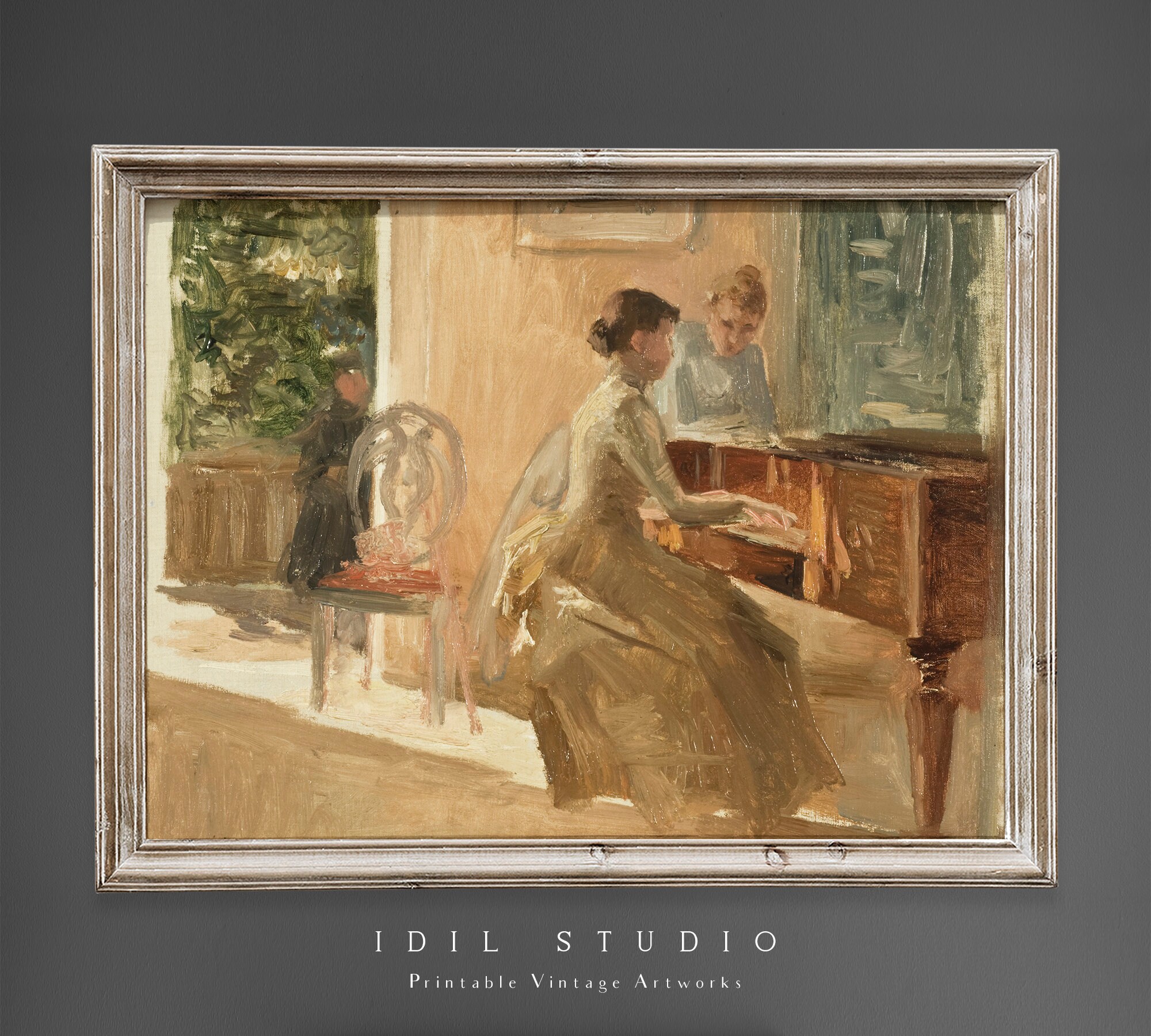 Lady Playing Piano Vintage Oil Drawing | Woman Portrait Wall Art ...