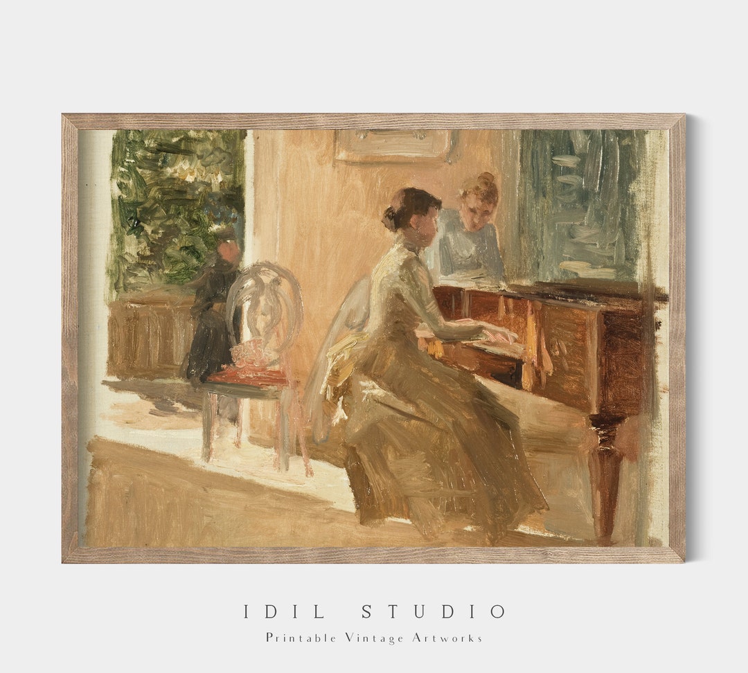 Lady Playing Piano Vintage Oil Drawing | Woman Portrait Wall Art ...