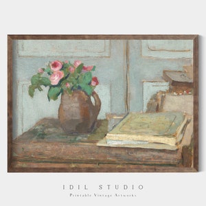 Pintura vintage de naturaleza muerta con flores y libros / Regalo para amantes de los libros / Arte de pared grande de primavera rústico en tonos pastel para imprimir / 156