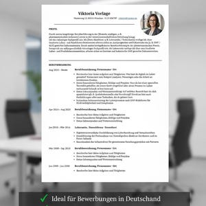 Może przedstawiać: Szablon CV w języku niemieckim, zatytułowany "Recruiters' Favourite", ze zdjęciem kobiety. Dokument zawiera sekcje profilu, doświadczenia zawodowego i umiejętności. Tekst na dole brzmi "Idealny do aplikacji w Niemczech."