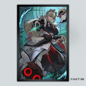 May include: A digital illustration of a woman with long blonde hair wearing a black and white dress with a red sash. She is holding a glowing orb in her hand. The background is a blue and green swirl with a white rabbit in the upper right corner. The image is 11 inches by 17 inches.