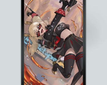 May include: A digital illustration of a woman with blonde hair wearing a red and black outfit with a gun. The background is a blurred image of a city street with a fire effect.