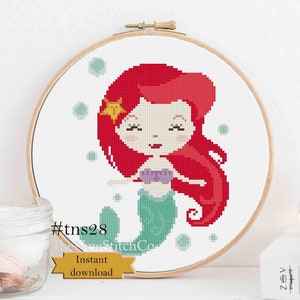 Cute princess mermaid cross stitch pdf pattern for instant download Ariel easy nursery cross stitch chart beginner printable
