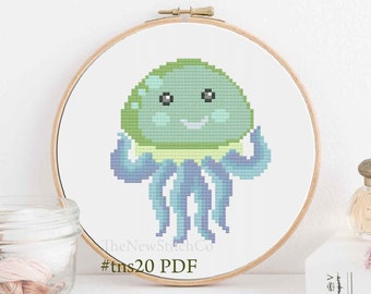 Jelly fish cross stitch pattern or kit cute easy beginner nursery embroidery wall decor wall hanging cute jelly fish BOGOFREE small sea life