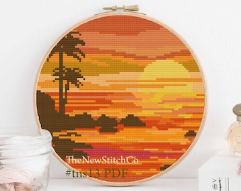 Easy landscape cross stitch pattern sunset beginner downloadable chart pdf printable cute wall decor DIY craft gift wall hanging modern boho