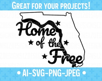 May include: Black and white silhouette of the state of Florida with the text "Home of the Free" and stars. The text is in a stylized font.