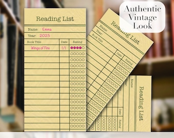 May include: Printable reading list bookmark with a vintage look. The bookmark is yellow with green lines and has the text "Reading List" at the top. The bookmark has spaces for the reader's name, year, book title, date, and rating.