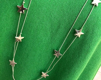 Silver Tone Double Strand Star Detail Fashion Statement Necklace