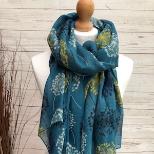 Boxed Ladies Fashion Scarf Dandelion Print - TURQUOISE, Mustard and White